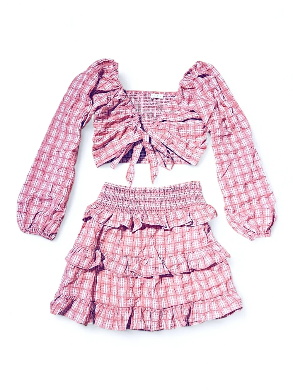 ILLA ILLA Anthropologie Pink Plaid Two Piece Crop Top Ruffle Skirt Set S NWOT